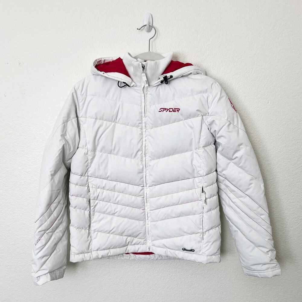 [Spyder] White Winter Puffer Ski Snowboard Jacket Hooded Rainbow Seams Size 4